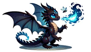 Dark Juvenile Dragon Hunting Fly with Blue Fire | Cell Shading Style