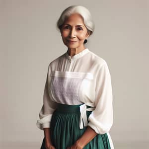 South Asian Grandmother in Emerald Green Skirt and White Blouse