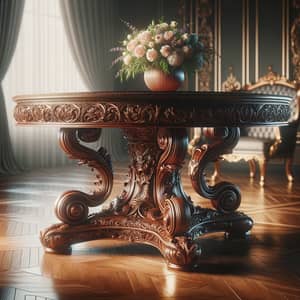 Masterfully Crafted Polished Hardwood Table with Ornate Carvings