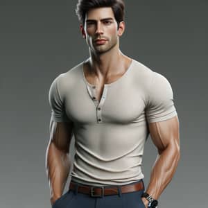 Fit and Muscular Dark-Haired Man in Casual Attire