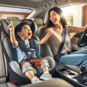 Joyful Preschooler Singing Songs in Car with Mommy