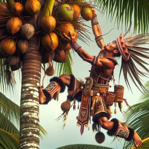 Dayak Warrior Scaling Coconut Tree | Traditional Indonesian Garb