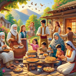 Multi-Ethnic Family Celebrating New Year in Ancient Middle-Eastern Village