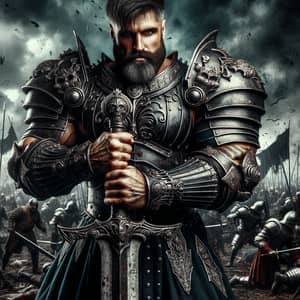 Dark Medieval Warrior with Massive Sword on Chaotic Battlefield