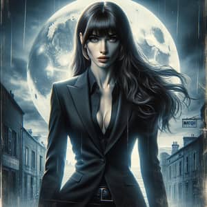 Captivating Woman with Curtain Bangs in Sleek Black Suit | Macchi