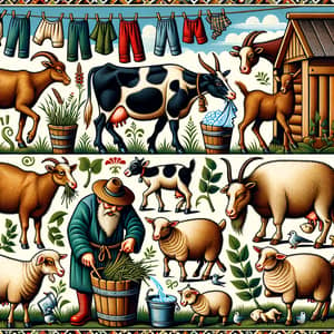 Playful Folk Art Illustration of Mischievous Livestock