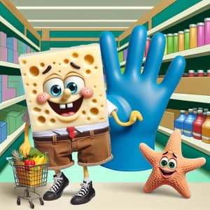 Cheerful Aquatic Sponge Creature and Starfish Shopping at Supermarket