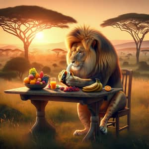 Majestic Lion Eating Fresh Fruits in African Savannah