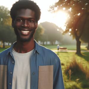 Confident Black Man Smiling in Peaceful Park | Casual Attire