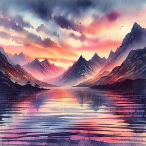 Stunning Sunset Over Mountains - Watercolor Art