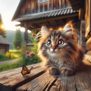 Fluffy Tabby Cat Observing Butterfly on Rustic Cabin Porch