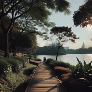 Wooden Path in Park by Lake | Sunlit Scenery