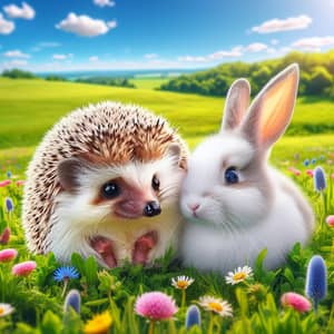 Adorable Hedgehog and Rabbit Friendship in Meadow