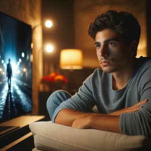 Young Hispanic Man Watching Movie in Comfortable Armchair
