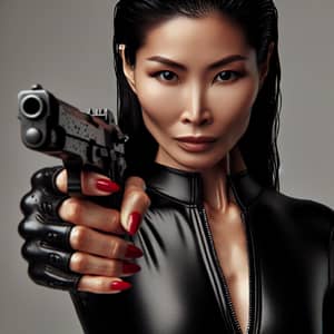 Asian Woman in Wetsuit with Fingerless Leather Gloves and Red Nail Polish