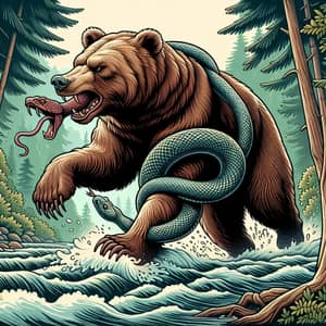 Powerful Brown Bear Holding Snake in River Scene