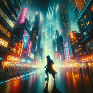 Mysterious Figure in Futuristic City - Vibrant Neon Colors