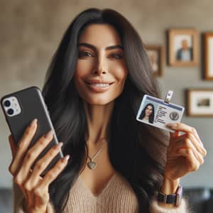 Middle-Eastern Woman Holding Smartphone and ID Card | Excited Expression