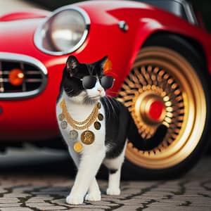 Stylish Black and White Cat Walking by Red Car