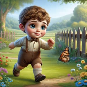 Charming Scene of Little David Chasing Butterfly in Sunny Meadow
