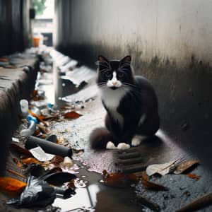 Elegant Tuxedo Cat in Urban Gutter - Striking Visual Contrast