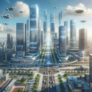 Futuristic Cityscape with Modern Buildings and Autonomous Vehicles