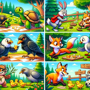 Colorful Cartoon Illustration: Moral Story with Animals in Lush Green Forest