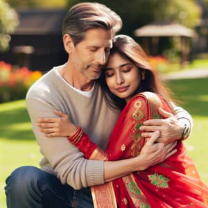 Heartwarming Middle-Aged Man Hugging Young South Asian Woman