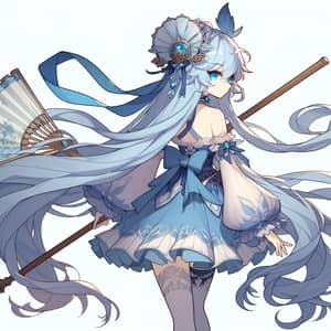 Fictional Character with Flowing Long Blue Hair in Elegant Blue and White Dress