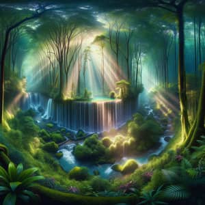 Enchanting Forest with Concealed Waterfall - Ethereal Landscape View