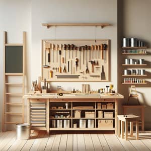 Minimalist Workshop Setting with Essential Tools on Wooden Workbench