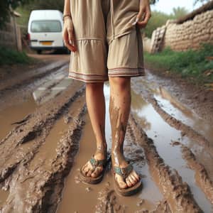 Middle-Eastern Woman in Muddy Flip Flops - Outdoor Adventure Scene