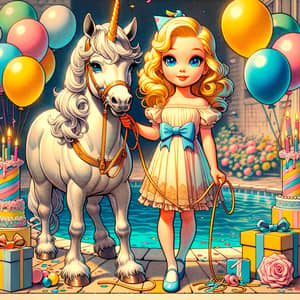 Blonde Girl on Unicorn by Pool with Birthday Decorations