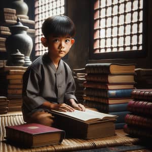 Inspiring Asian Boy Studying with Determination in Traditional Room