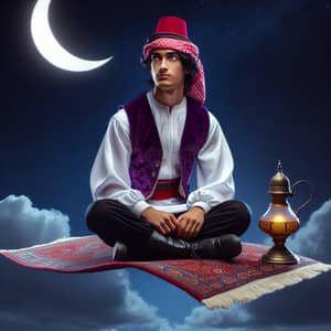 Arabian Man Riding Flying Carpet at Night