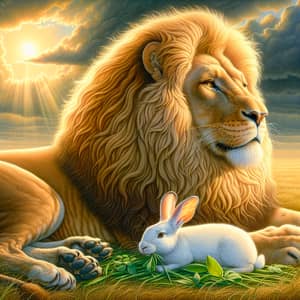 Majestic Lion and White Rabbit in Tranquil Savannah Scene