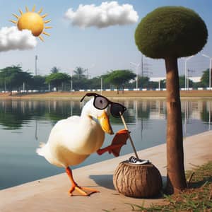 Humorous Duck Scene with Oversize Sunglasses | Park Pond