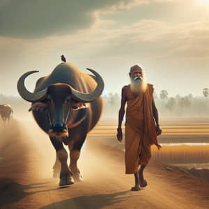 South Asian Brahmin Man Walking with Buffalo | Rural Life Scene
