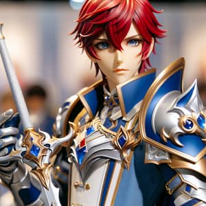 Male Anime Character in Blue and Silver Armor with Red Hair