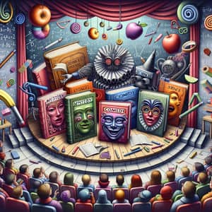 Surreal Educational Illustration: Books as Characters on Theater Stage