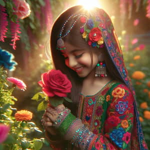 Young South Asian Girl in Traditional Attire with Red Rose in Lush Garden