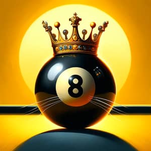 Black 8 Billiard Ball with Crown and Cat Whisker on Yellow Background