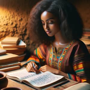 Young Ethiopian Woman Studying in Traditional Clothing