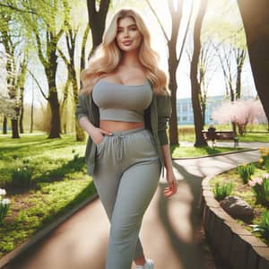 Beautiful Blonde Woman Strolling in Spring Park | Casual Sneakers