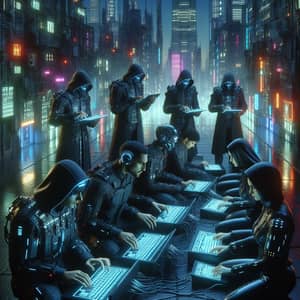 Futuristic Cyber Criminals in Diverse Cityscape