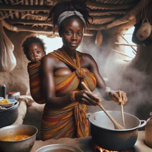 Traditional Ghanaian Mother Cooking Meal with Child in 'Kanga' Wrap