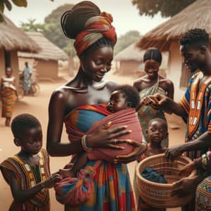 Traditional Ghanaian Family Scene with Mother, Baby, and Community