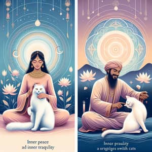 Tranquil Cat Bonding: Inner Peace Poster with Middle-Eastern Woman & South Asian Man
