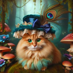 Fluffy Ginger Cat with Vibrant Green Eyes in Peculiar Hat