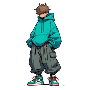 Cartoon Character Illustration in Oversized Turquoise Hoodie